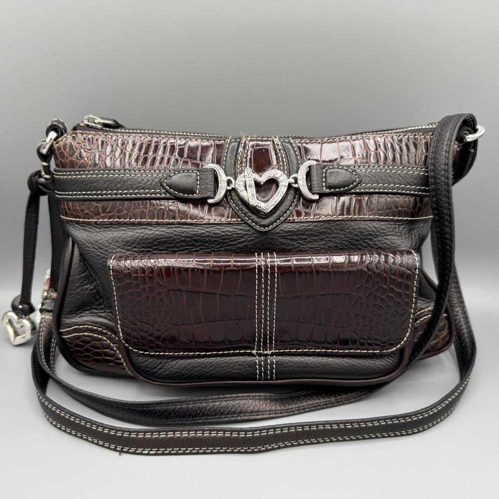 Brighton "Beatrice" Blk/Brn Pebbled Leather Croc Embossed Crossbody Shoulder Bag